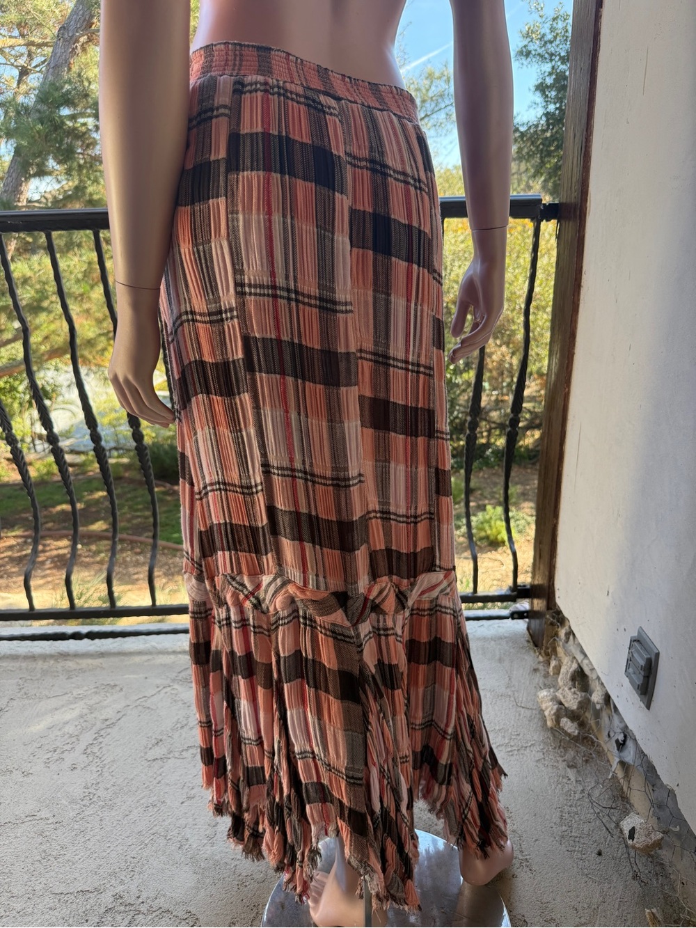 NWT Free People skirt Bordeaux Plaid Tiered Maxi peach - renaissance S (XS-M?) - Picture 15 of 17